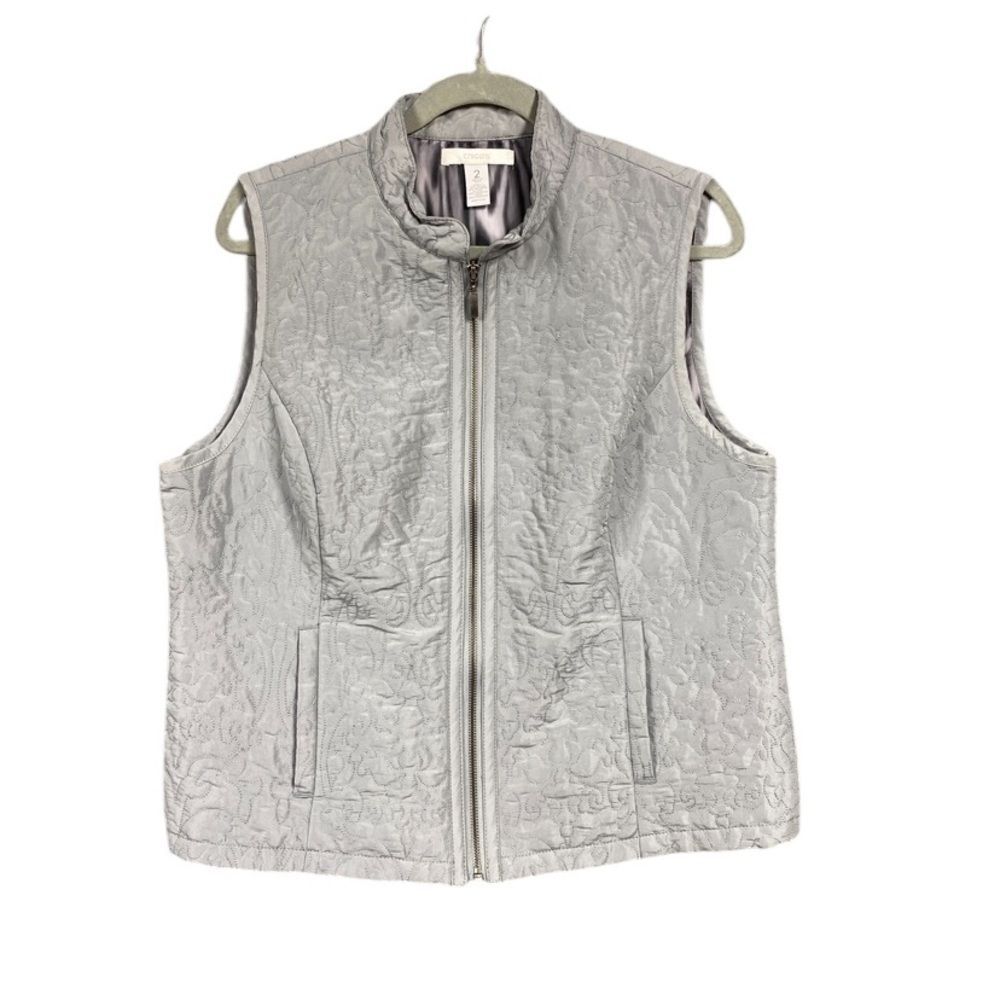 Chicos Grey Embroidered Full Zip Vest Sz 2 / L Gray Abstract
